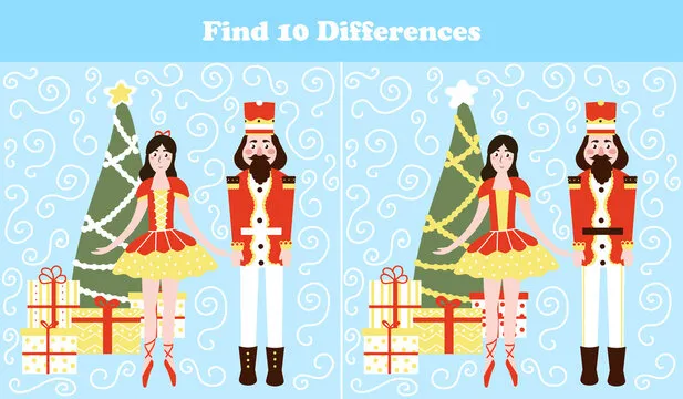Christmas logical game for printable worksheet, find ten differences riddle for children books with nutcracker character and ballerina in cartoon style, xmas eve and gift boxes, search puzzle
