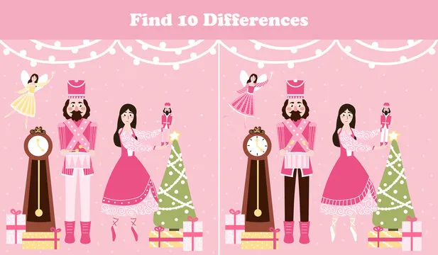 Christmas logical game, find ten differences riddle for children books with nutcracker character and ballerina, fairy