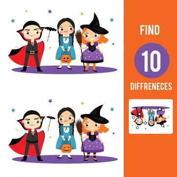 Find the differences educational children game. Kids activity sheet with Halloween kids in costumes