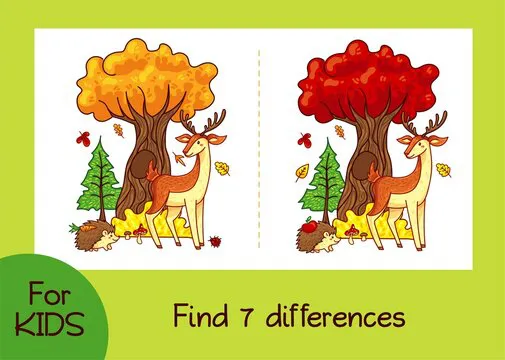 Find 7 differences game for kids with cartoon deer and hedgehog in autumn forest. Educational logic game printable worksheets for kindergarten, preschool.