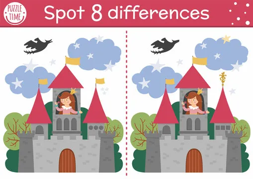 Find differences game for children. Fairytale educational activity with cute princess in the castle. Magic kingdom puzzle for kids with fantasy character. Fairy tale printable worksheet or page.