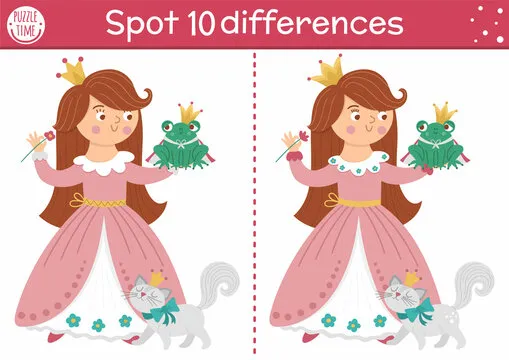 Find differences game for children. Fairytale educational activity with cute princess and frog prince. Magic kingdom puzzle for kids with fantasy character. Fairy tale printable worksheet or page.