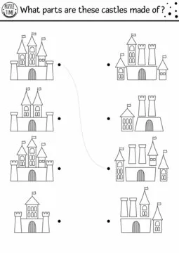 Black and white find differences, logical and matching game for kids. Fairytale educational activity with castles. Find parts printable worksheet. Magic kingdom puzzle or coloring page.