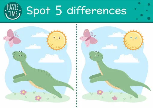 Prehistoric find differences game for children. Jurassic period educational activity with funny dinosaur. Printable worksheet with dino running for butterfly. Cute ancient animal puzzle for kids.