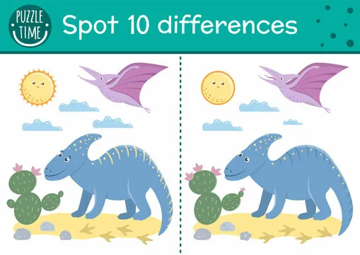 Prehistoric find differences game for children. Jurassic period educational activity with funny dinosaur. Printable worksheet with dino, cactus, sun. Cute ancient animal puzzle for kids.