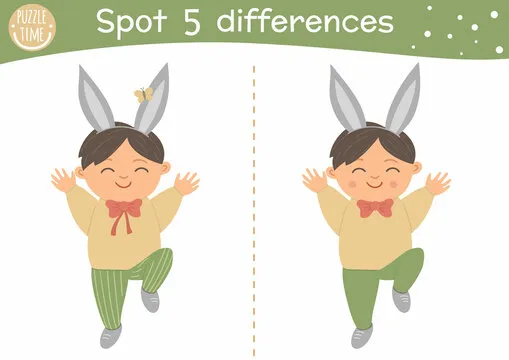 Easter find differences game for children. Holiday activity page with funny boy in bunny ears jumping with joy. Printable worksheet with cute happy character. Spring puzzle for kids.