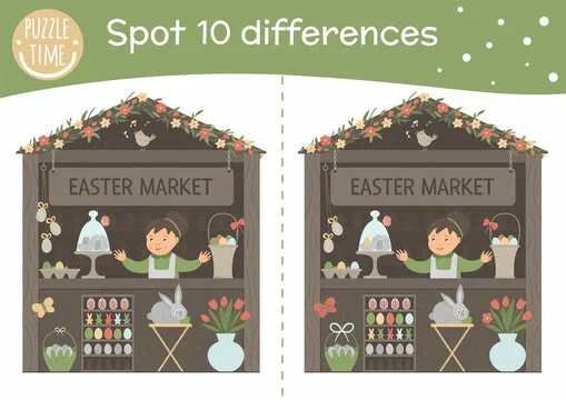 Easter find differences game for children. Holiday activity page with market stall, bunny, colored eggs. Printable worksheet with cute happy character. Spring puzzle for kids.