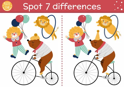 Circus find differences game for children. Educational activity with bear on bike, clown, lion. Amusement show puzzle for kids with funny animal artists. Festival printable worksheet or page.