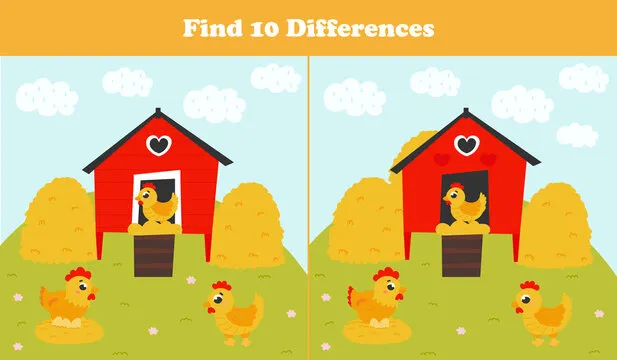 Find ten differences game with farm animals - hen and chicken, colorful printable riddle for kids in cartoon style