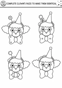 Black and white find differences, logical and drawing game for kids. Circus educational activity with funny clown face. Complete picture printable worksheet. Cute puzzle or coloring page.
