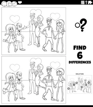 differences task with couples in love coloring book page