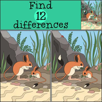 Educational game: Find differences. Mother jerboa stands with her little cute baby.