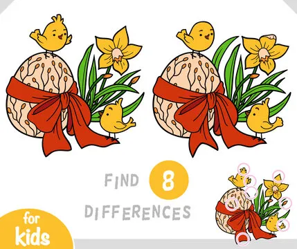 Find differences educational game for children, Easter illustration. Little birds and colored egg