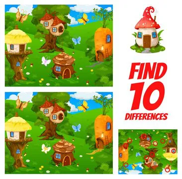 Find ten differences in cartoon fairy gnome village kids quiz worksheet. Kindergarten child educational playing activity, kids quiz or riddle vector page with similarity and difference finding task