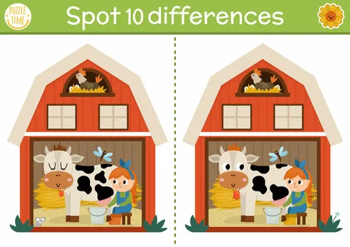 Find differences game for children. On the farm educational activity with cute barn house, girl milking cow. Farm puzzle for kids with rural farm shed. Village printable worksheet or page.