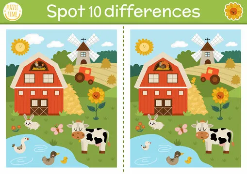 Find differences game for children. On the farm educational activity with cute barn house, rural landscape, tractor. Farm puzzle for kids with farm scene. Village printable worksheet.