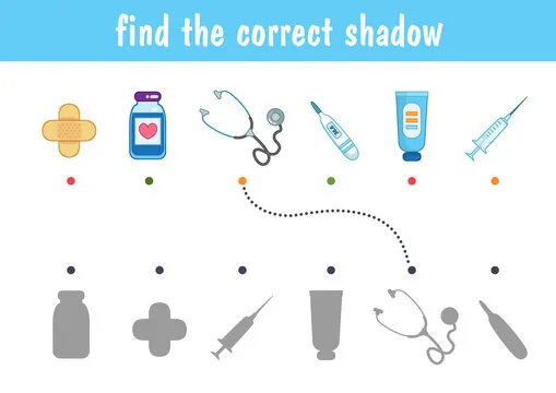 Cute medical items, thermometer, syringe, stethoscope. Find the correct shadow. Educational game for children. Cartoon vector illustration.