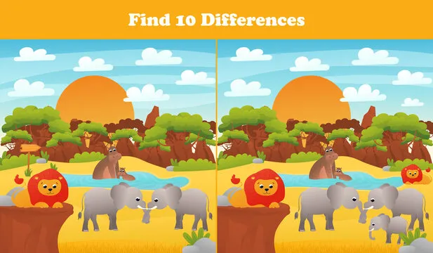 Find ten differences printable worksheet with african safari elephants and hippo, lions and desert landscape for kids