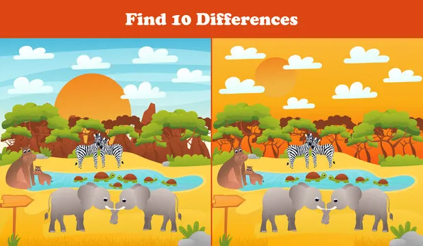 Find ten differences printable worksheet with safari desert scene, cute animals elephants and hippo for kids