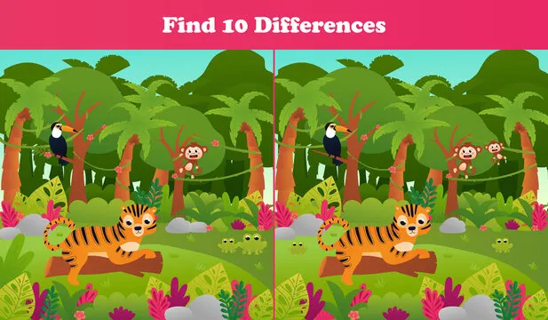 Find ten differences printable worksheet with tropical jungle paradise scene, tiger on tree trunk and toucan, monkey