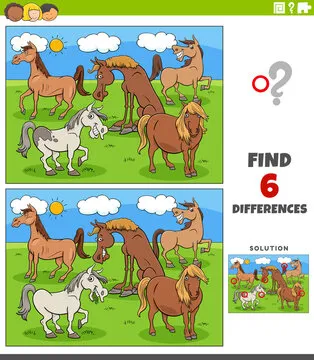 differences educational game with cartoon horses