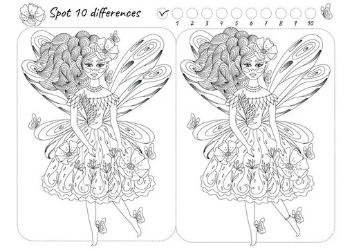 Spot Find the ten differences picture puzzle and coloring page with a beautiful fairy surrounded by butterflies and flowers. Outline. Vector illustration. Isolated.