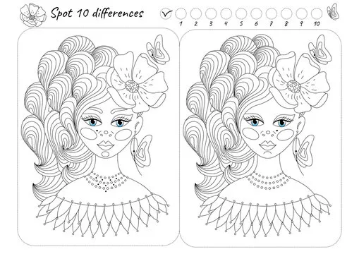 Spot Find the ten differences picture puzzle and coloring page with a beautiful face of a princess girl with a hairstyle surrounded by butterflies and flowers. Outline. Vector illustration. Isolated.