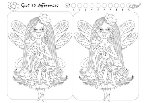 Spot Find the ten differences picture puzzle and coloring page with a beautiful fairy with lotuses and fish. Outline. Vector illustration. Isolated.
