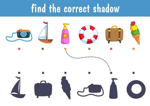 A set of cute things for a summer holiday at sea - a ship, a suitcase, a life buoy, ice cream, a camera. Find the correct shadow. Educational game for children. Cartoon vector illustration, clipart.
