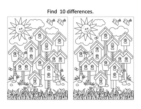 Find 10 differences visual puzzle and coloring page with birds, birdhouses, nestlings