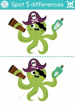 Find differences game for children. Sea adventures educational activity with cute pirate octopus and map in bottle. Treasure island puzzle for kids with funny character. Printable worksheet.