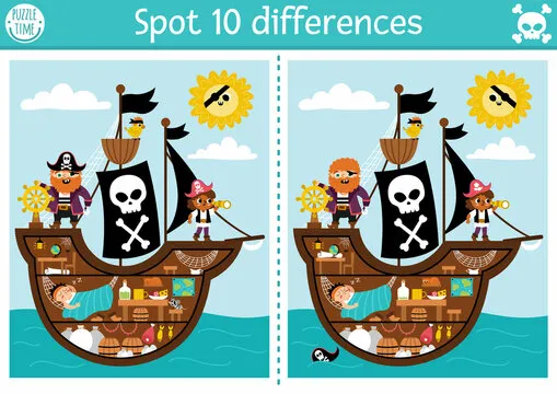 Find differences game for children. Sea adventures educational activity with cute pirate ship interior, cabin and hold. Puzzle for kids with funny scene. Marine printable worksheet or page.