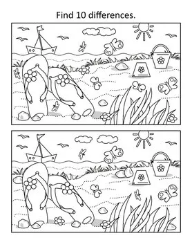 Find 10 differences visual puzzle and coloring page. Summer vacation beach scene with flip-flops, boat, toy buckets