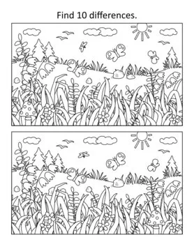 Summer find 10 differences picture puzzle and coloring page with grass, mushrooms, butterflies and wildflowers