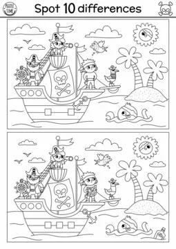 Black and white find differences game for children. Sea adventures line educational activity with cute pirate ship, pirates, octopus. Treasure island printable worksheet, coloring page for kids.