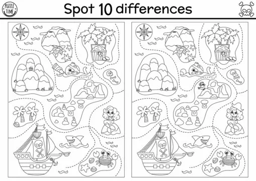 Black and white find differences game for children. Sea adventures line educational activity with cute pirate ship, treasure island map. Printable worksheet or coloring page with treasure chest.