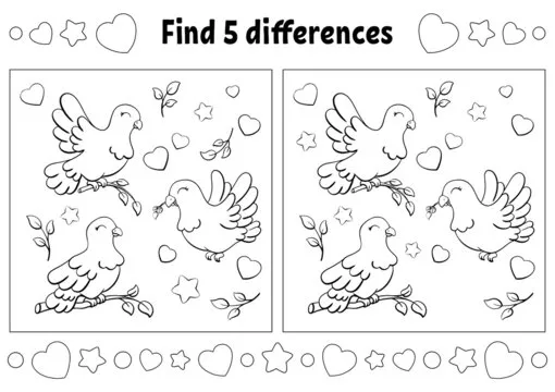 Find five differences. Coloring page for kids. Activity worksheet for children. Vector illustration isolated on white background.