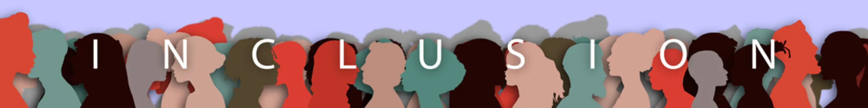 Word - Inclusion. Silhouette profile group of men and women of diverse culture and different countries. Diversity multiethnic people.