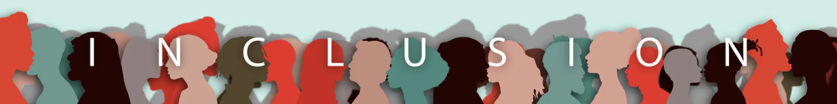 Word - Inclusion. Silhouette profile group of men and women of diverse culture and different countries. Diversity multiethnic people.