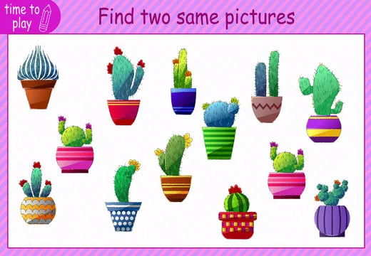 children's educational game. a game of logic. puzzle for children. find two identical pictures. cactus. plant. greenery. flower.
