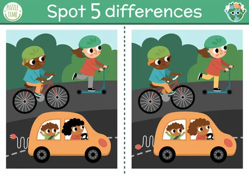 Find differences game for children. Ecological educational activity with cute alternative transport. Earth day puzzle for kids. Eco awareness printable worksheet with electro car, bike, scooter.