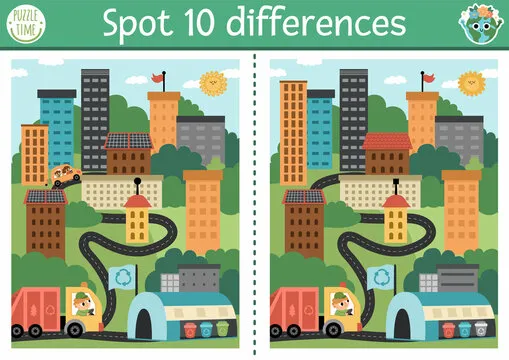 Find differences game for children with opposites. Ecological educational activity with cute eco city. Earth day puzzle for kids. Eco awareness or zero waste printable worksheet, page.