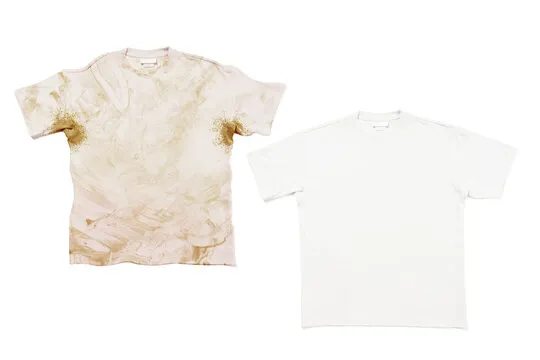 Comparison of white t-shirt before and after using laundry detergent or bleach