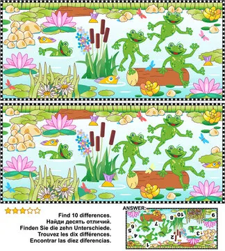 Find differences game with playful happy frogs and pond life. Answer included.