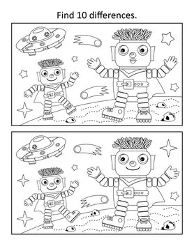 Robots on Mars. Exploring outer space. Difference game and coloring page.