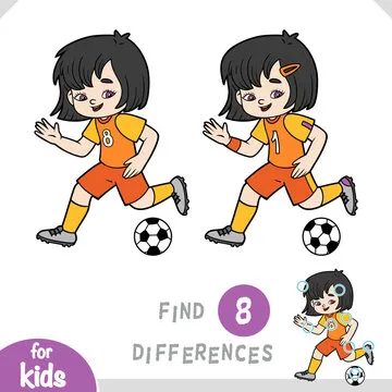 Find differences, educational game for kids, Football player girl with a ball