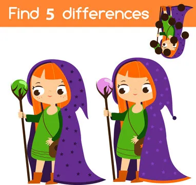 Find the differences educational children game. Kids activity sheet with girl in wizard costume. Halloween theme