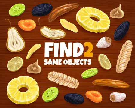 Find two same dried fruits. Kids game. Children quiz, kids puzzle with objects compare task, child riddle worksheet with dried pineapple, fig and prune, lemon, banana and apricot, kiwi, pear, mango