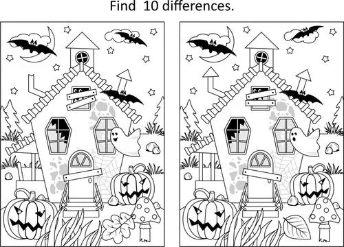 Halloween haunted house difference game. Black and white, printable. May be used as coloring page.