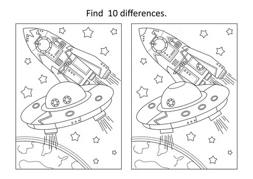 Space exploration themed find the ten differences picture puzzle and coloring page with UFO and spaceship near the Earth.